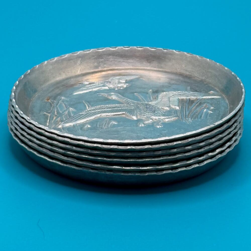 Vintage MCM Aluminum Coasters Duck Scene in Marsh 6 each